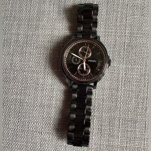 Black Fossil watch with rose gold and rhinestones
